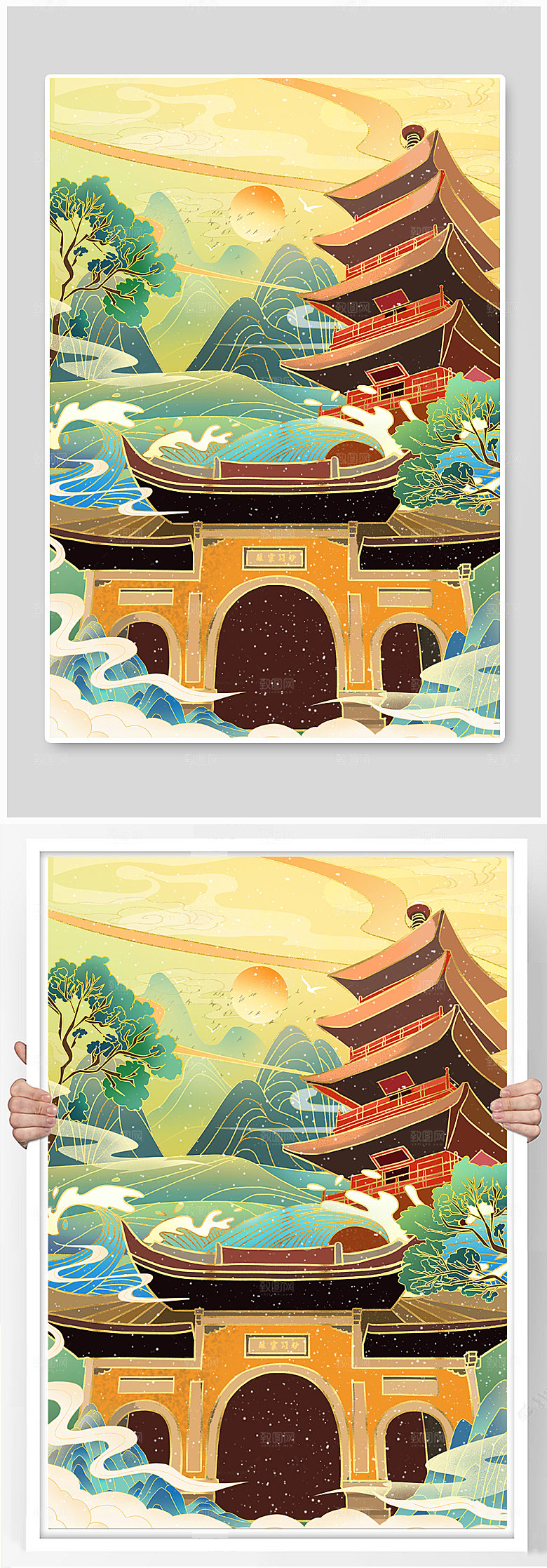 手绘国潮风苏州寒山寺建筑商业插画