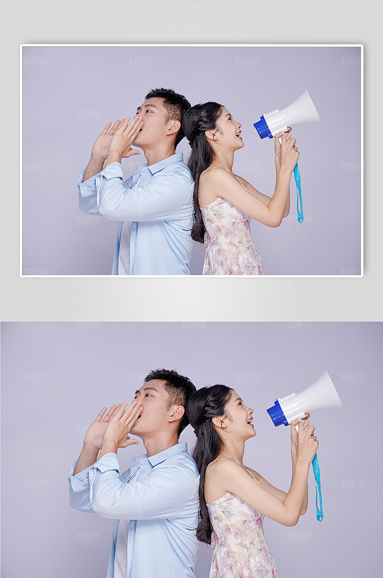 拿喇叭促销主题男女情侣人物摄影图片