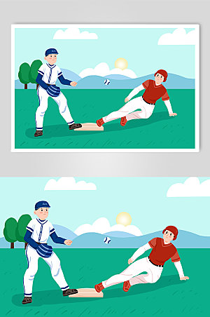 扁平卡通滑垒棒球运动人物手绘插画