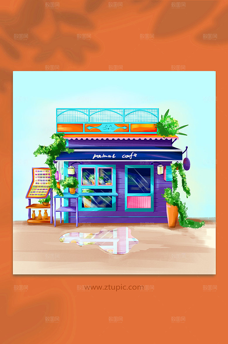 卡通咖啡屋小店门店建筑精美插画
