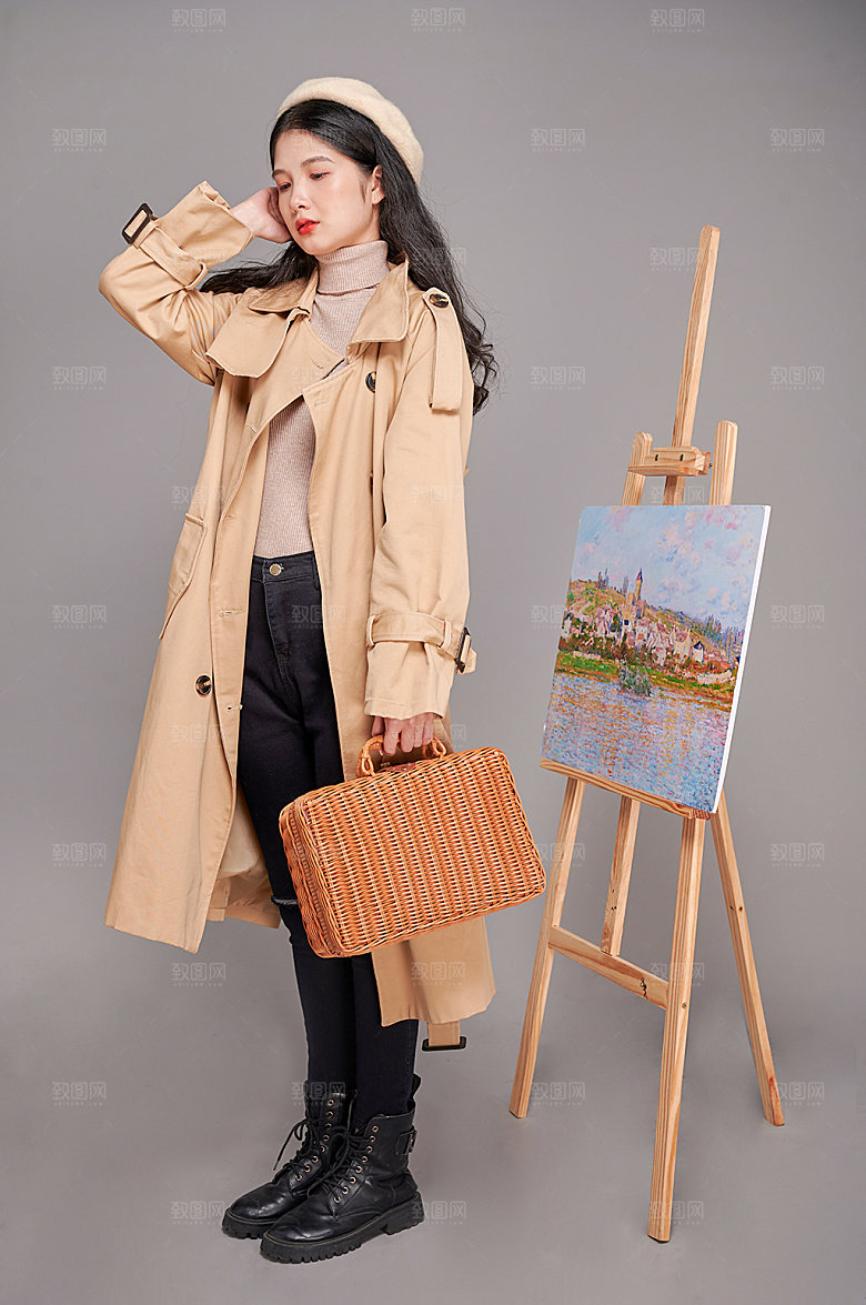 气质女生画家时尚秋装人物摄影图片