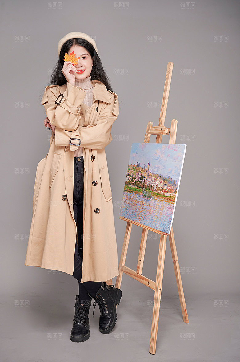 时尚风衣绘画美女人物摄影图片素材