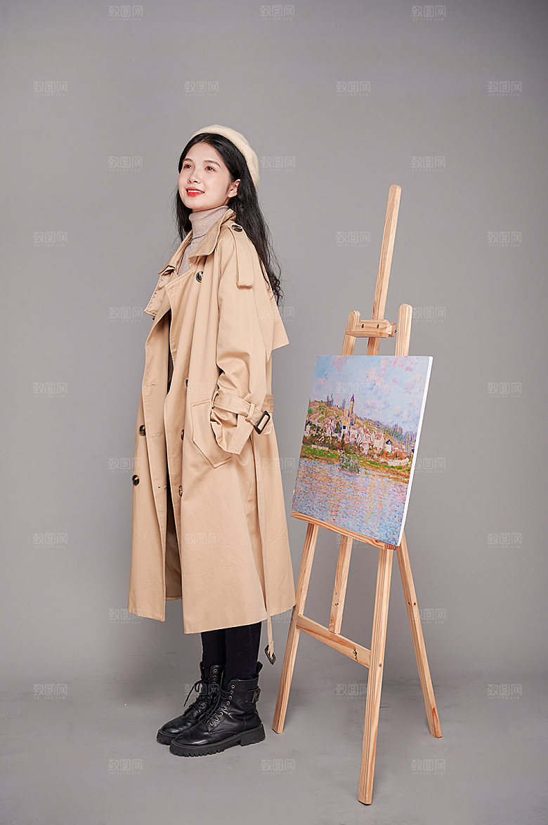 女性画家秋冬风衣人物摄影图片素材