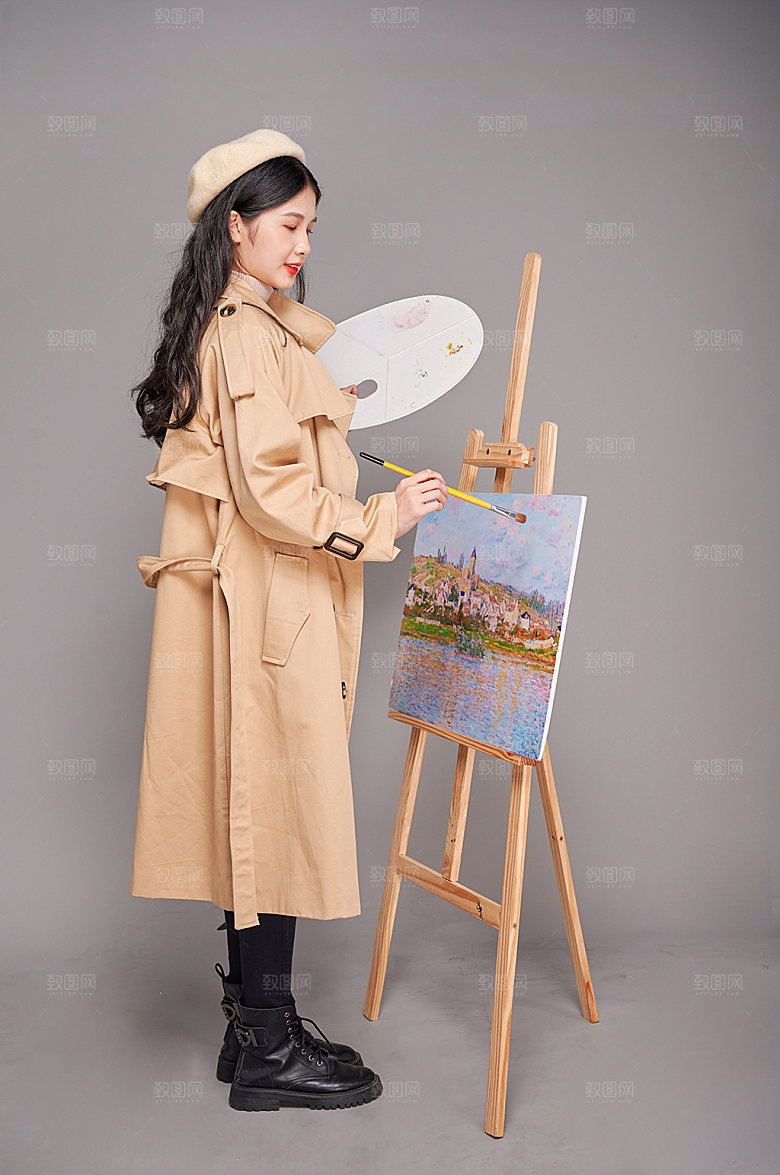 气质时尚风衣绘画女性人物摄影图片