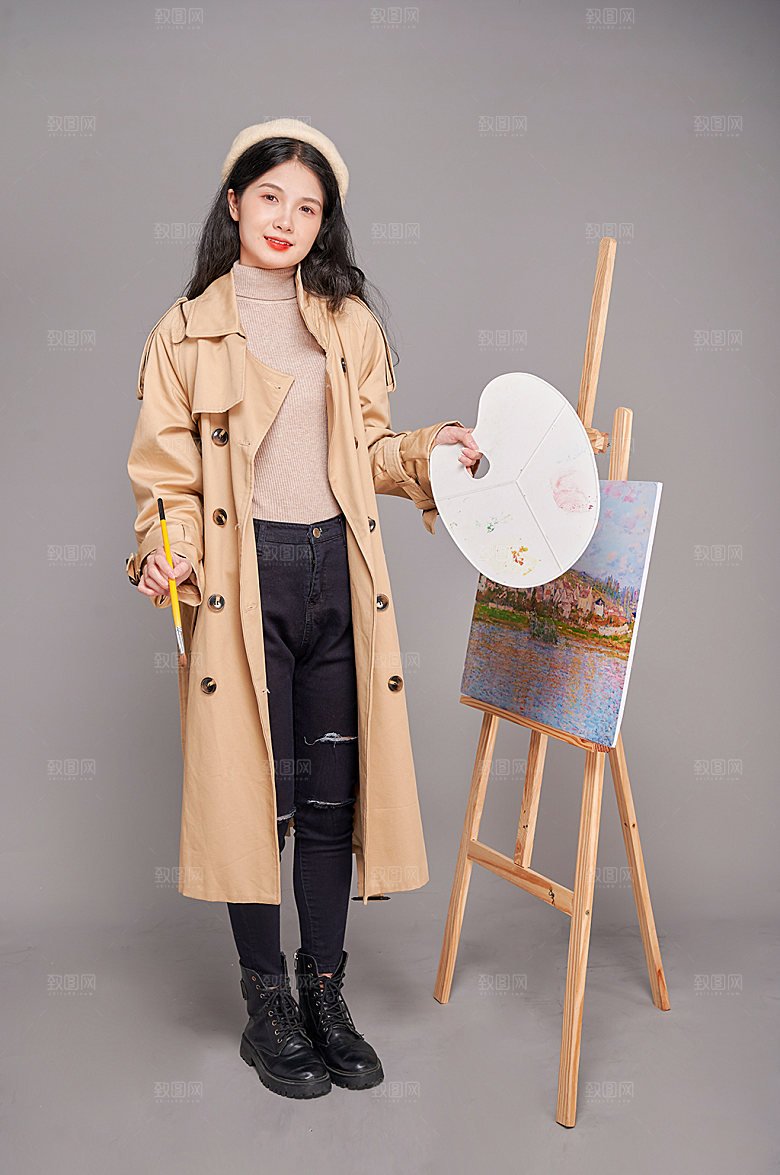 秋装气质女性画家人物摄影图片素材
