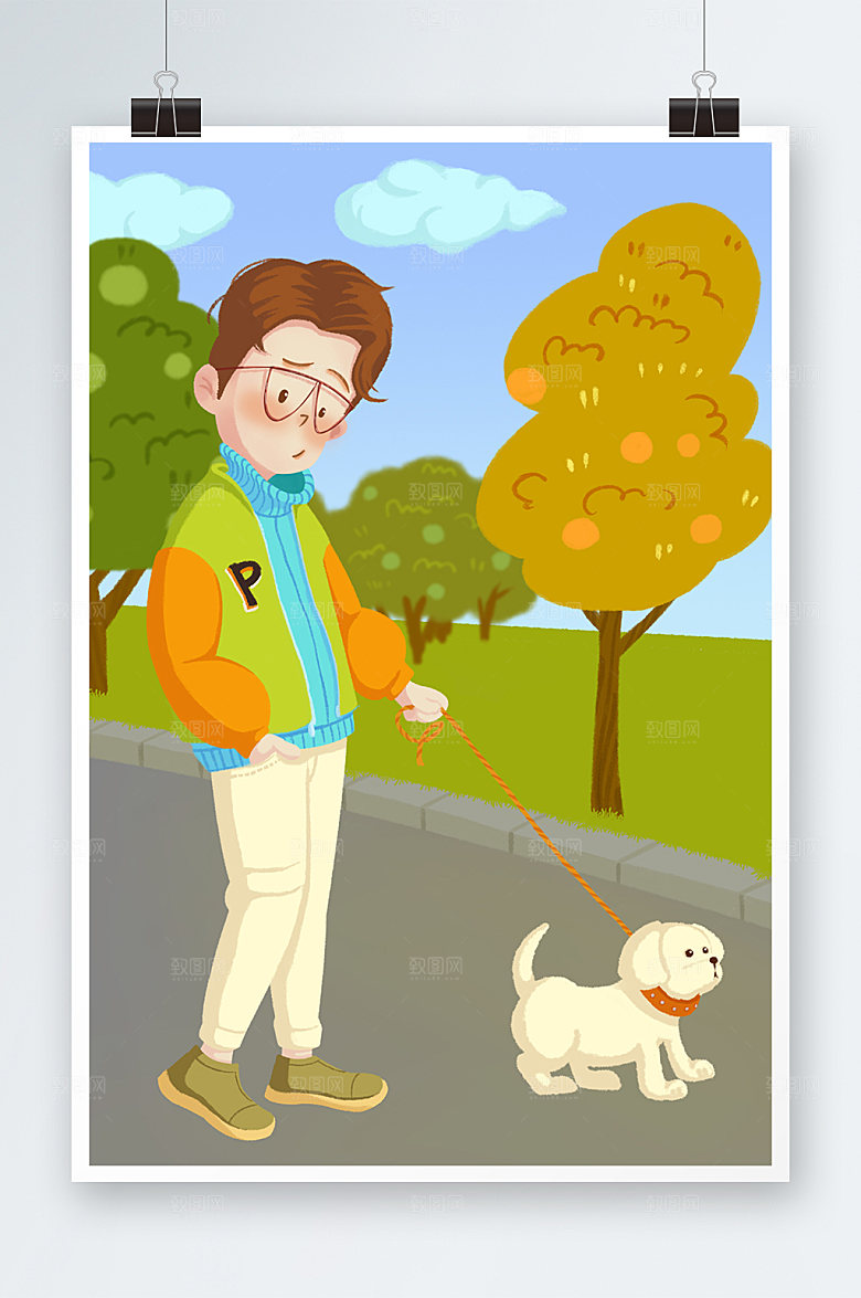 卡通手绘男孩牵狗人物商业插画