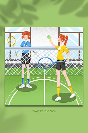 手绘打网球运动人物少女卡通插画