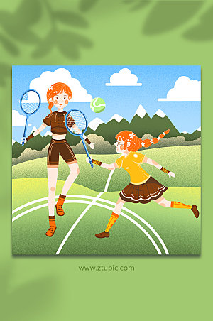 户外打网球运动人物卡通商业插画