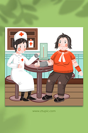手绘护士站测量高血压人物医疗插画