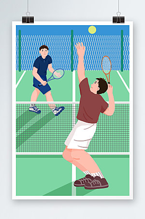 扁平风网球比赛网球运动人物打球插画