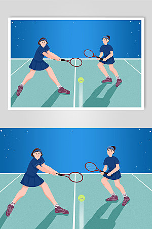 清新扁平风网球双打比赛网球运动人物插画