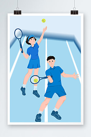 手绘风男女混双网球运动人物插画素材