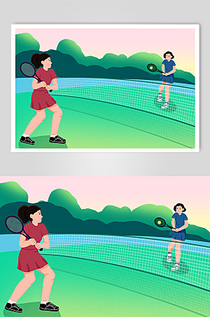 卡通网球训练网球运动人物插画素材