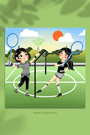 手绘女孩室外运动打球网球运动人物插画