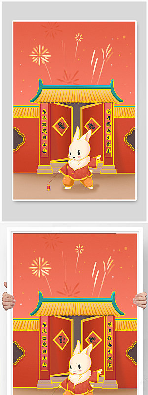 手绘风可爱兔年新年春节插画素材