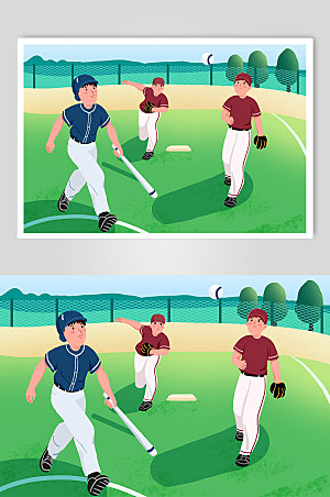 扁平卡通棒球运动人员人物手绘插画