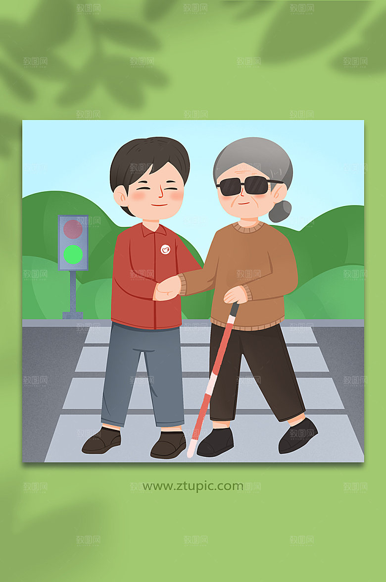 卡通风热心人帮助盲人人物插画素材