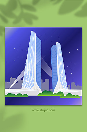 蓝色扁平风南京城市地标建筑插画素材