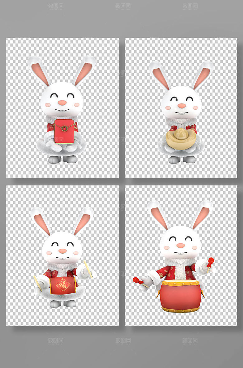 兔年打鼓兔子C4D模型PNG免抠元素