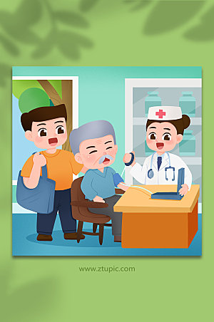 卡通医生陪伴家人体检高血压人物插画素材