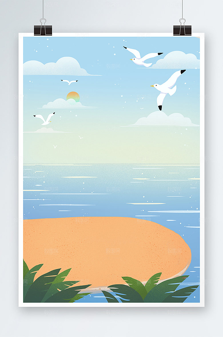 手绘风海边清新蓝色插画背景素材