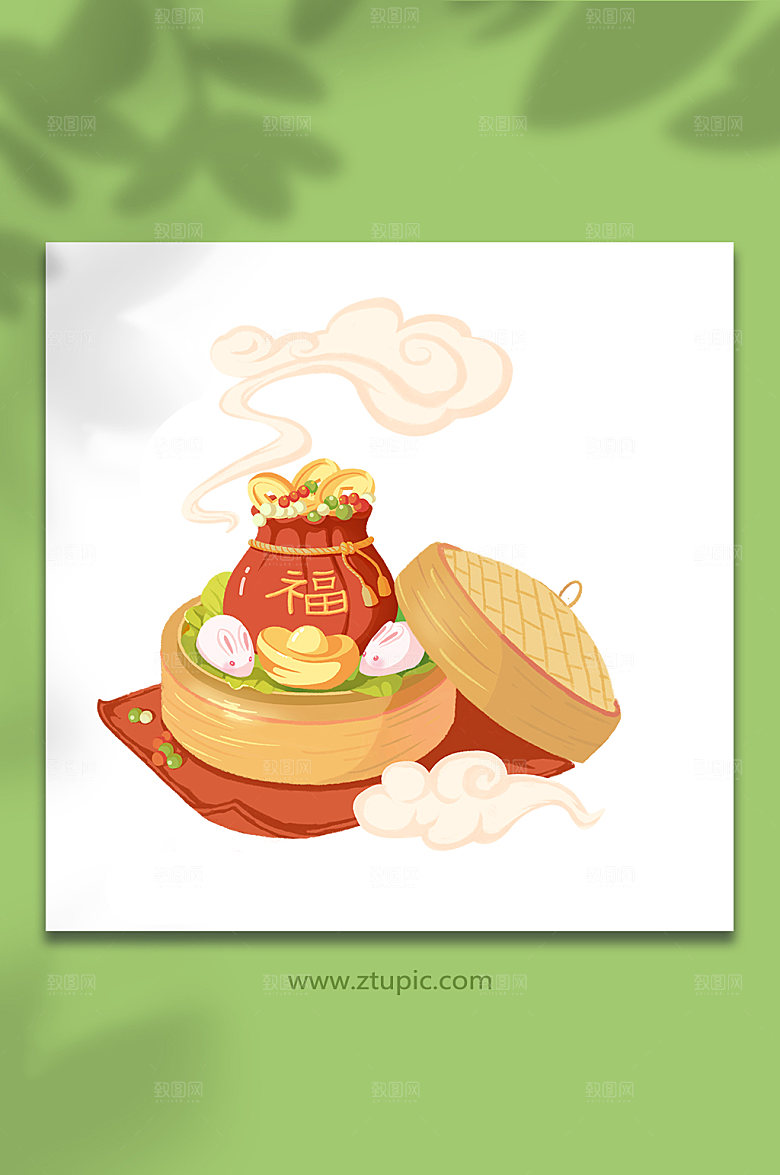 国潮年味蒸笼福袋美食插画素材