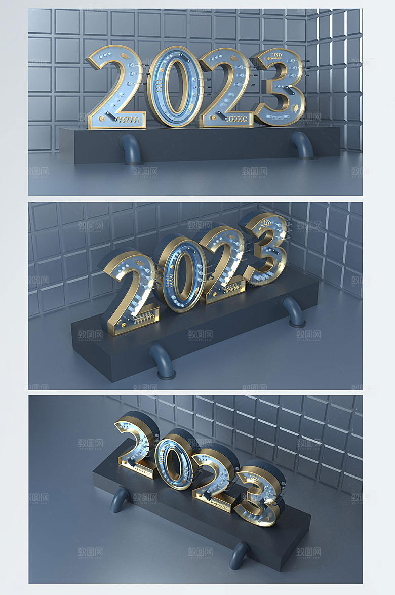 高端机械2023数字兔年新年C4D背景图