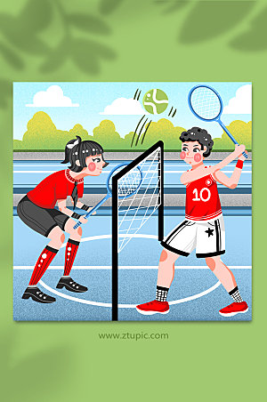 扁平室外运动打球情侣网球运动人物插画