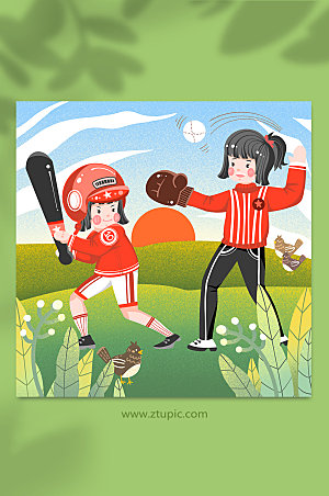 手绘风室外棒球服棒球运动人物插画素材