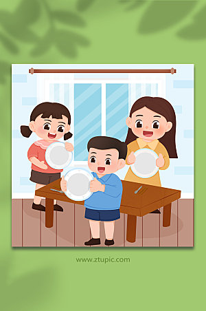 光盘家庭教育节约粮食文明餐桌人物插画