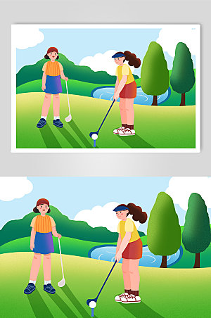 手绘风休闲活动高尔夫运动人物插画素材
