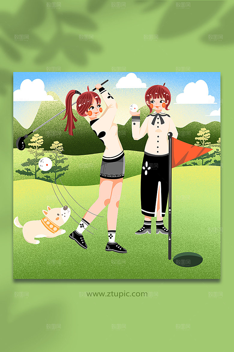 扁平室外高雅休闲高尔夫运动人物素材插画