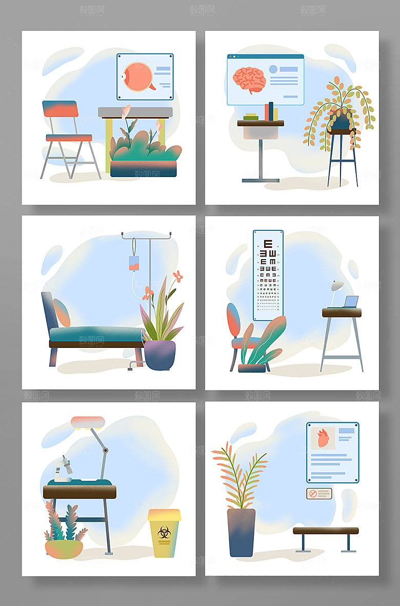手绘医疗场景科室扁平背景插画