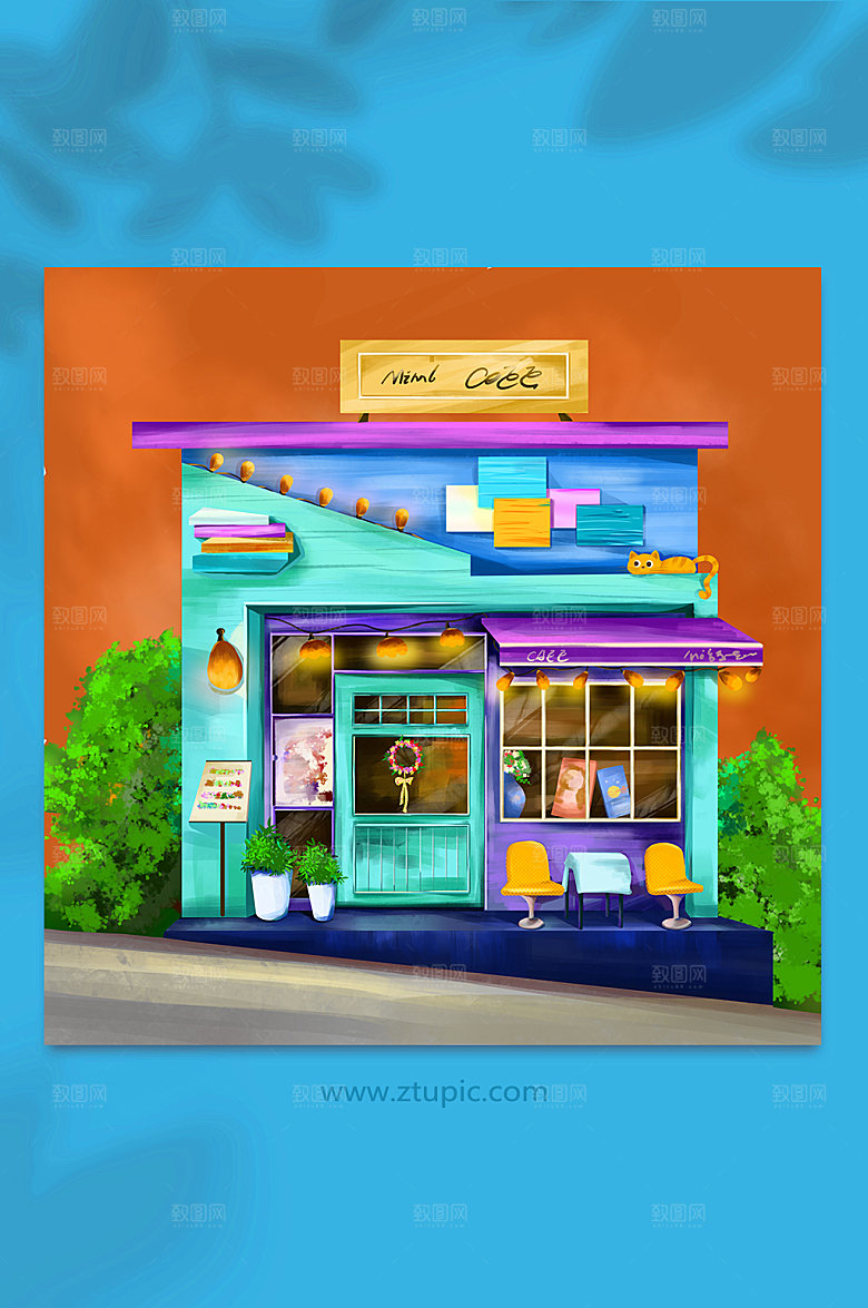 水彩手绘特色小店创意建筑插画素材