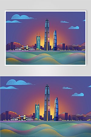 紫色日落晚霞深圳城市地标建筑插画素材