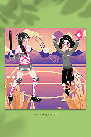紫色女孩室外健康棒球运动人物插画素材