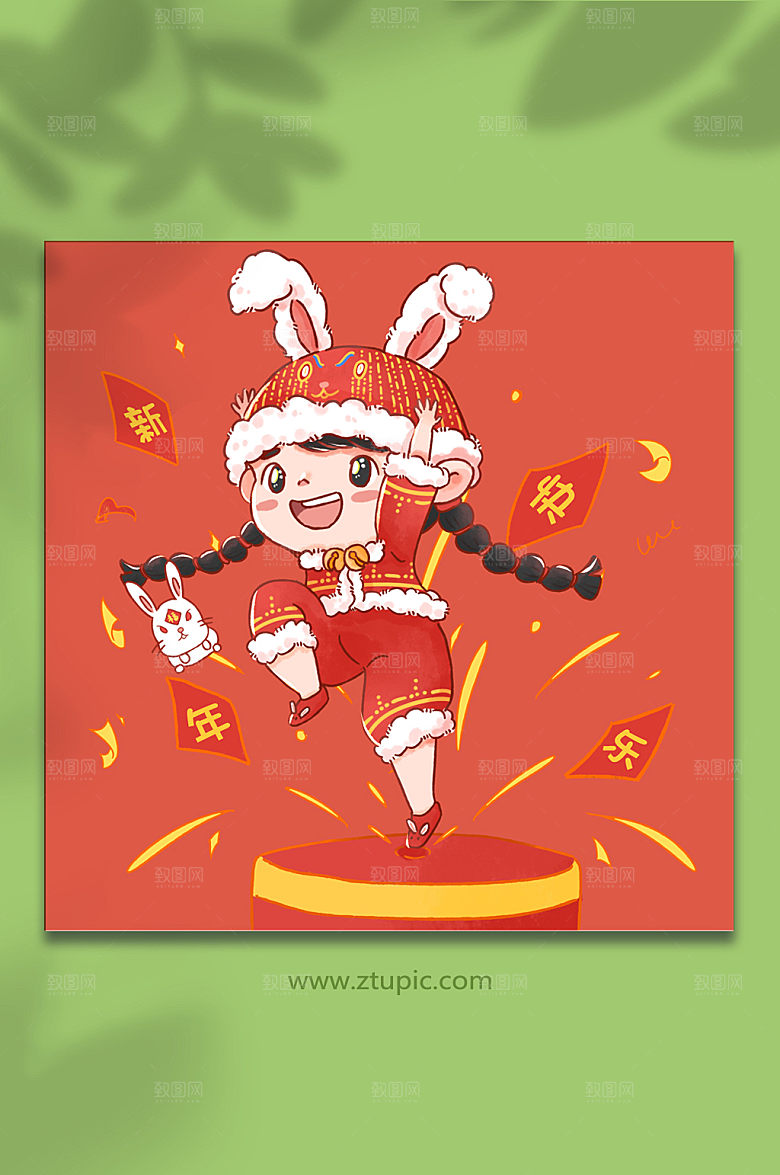 手绘兔子耳朵兔年新年福娃人物插画