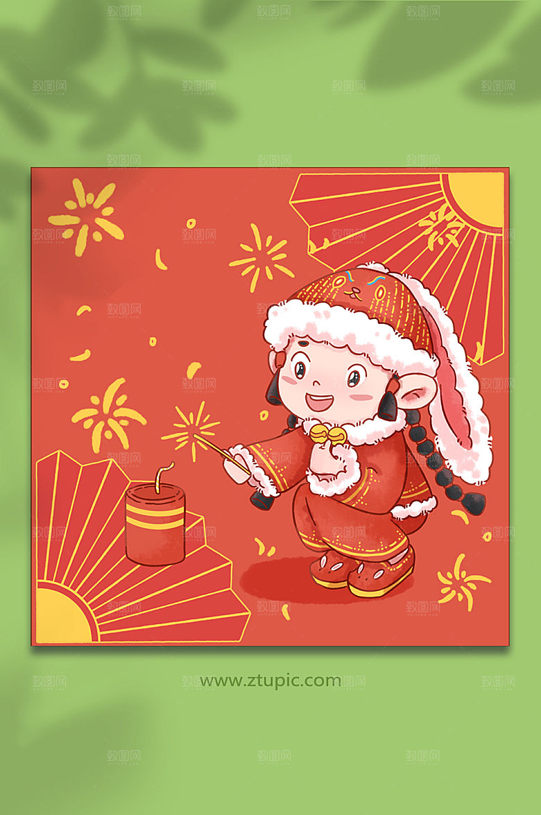 喜庆点鞭炮兔年新年福娃人物插画