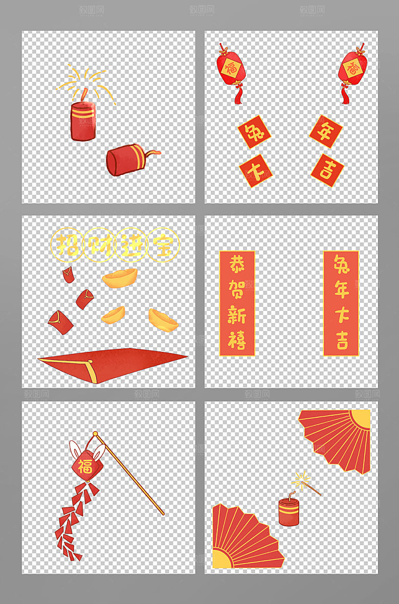 简约红色兔年新年春节合集插画元素