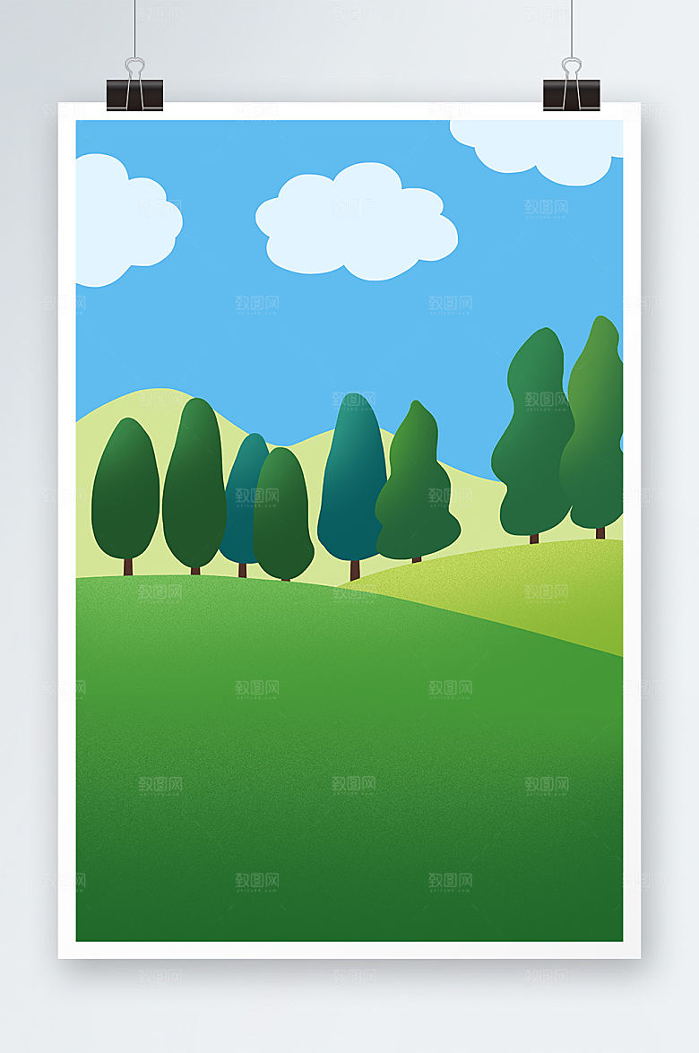 绿色清新户外风光草坪插画背景素材