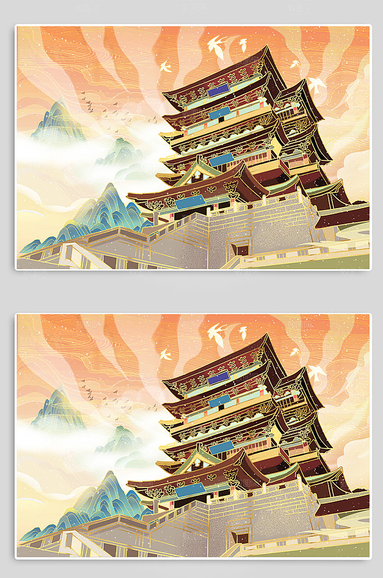 古风南昌滕王阁南昌地标建筑插画素材