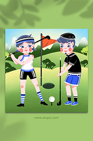 手绘男女休闲球场高尔夫运动人物插画