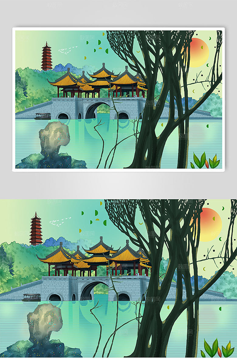 意境瘦西湖五亭桥扬州地标建筑插画