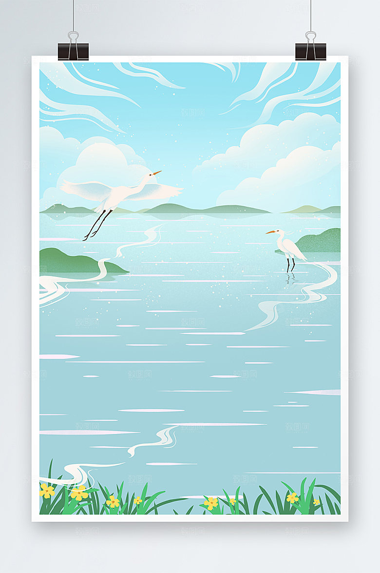 简约清新中国风湖泊江面背景插画