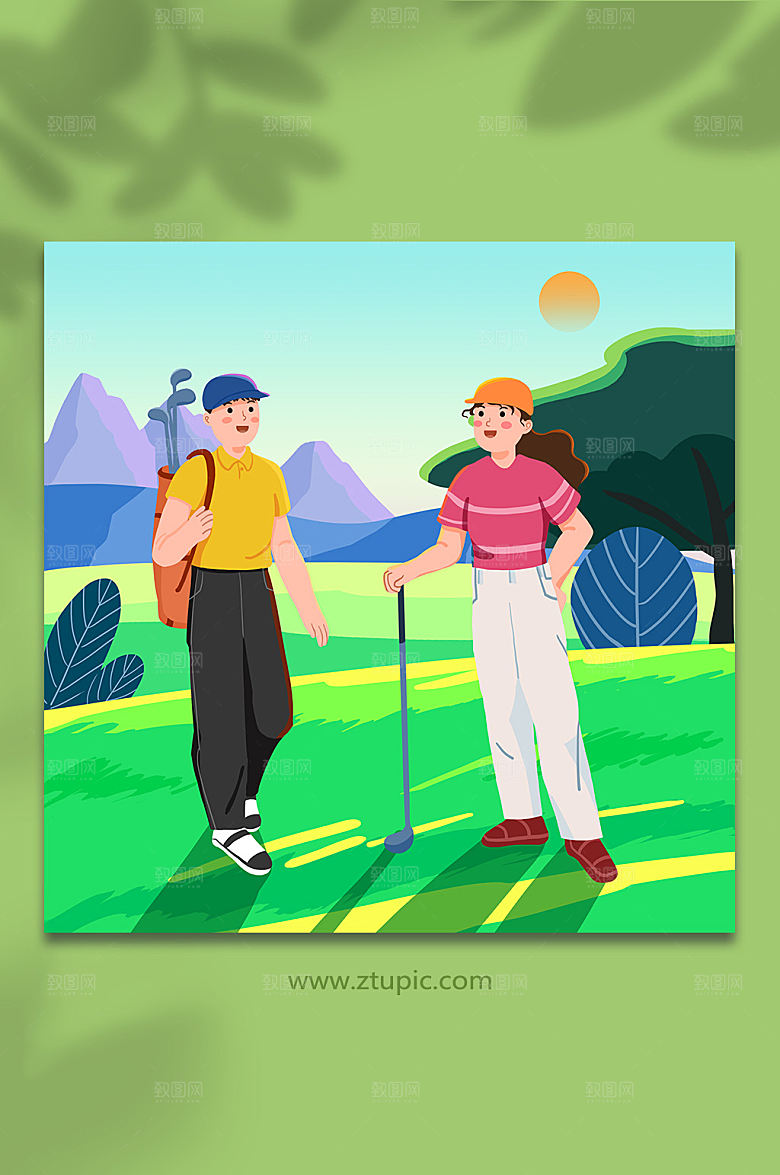 手绘周末聚会打高尔夫运动人物插画素材