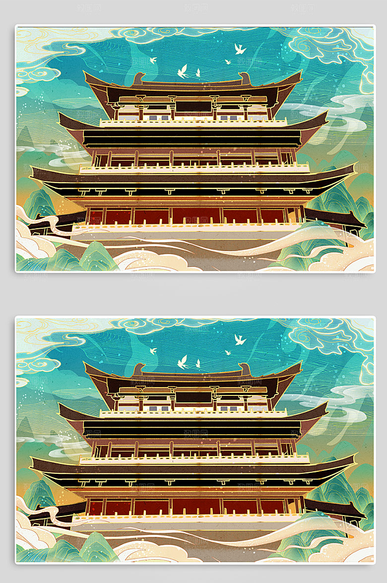 国潮长沙杜甫江阁长沙地标建筑插画素材