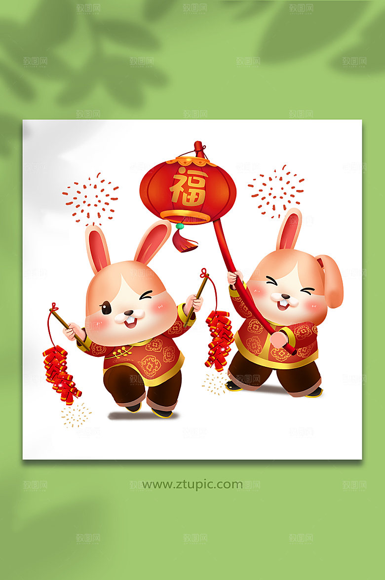 喜庆挂灯笼点鞭炮兔子兔年新年插画