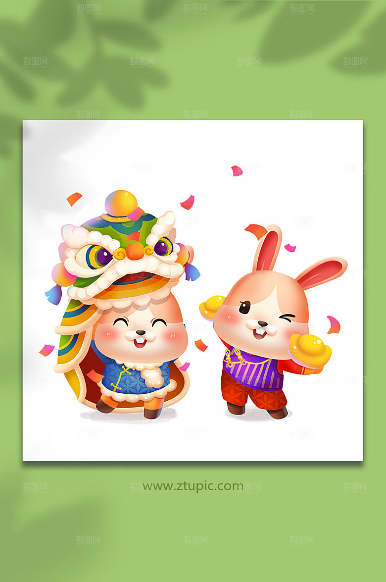 手绘风舞狮舞龙金元宝兔年新年插画