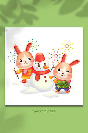 春节新年冬天堆雪人兔年新年插画