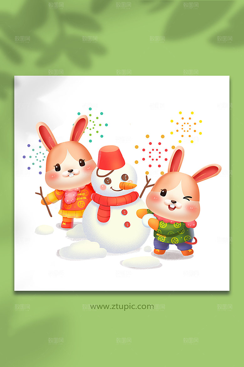 春节新年冬天堆雪人兔年新年插画